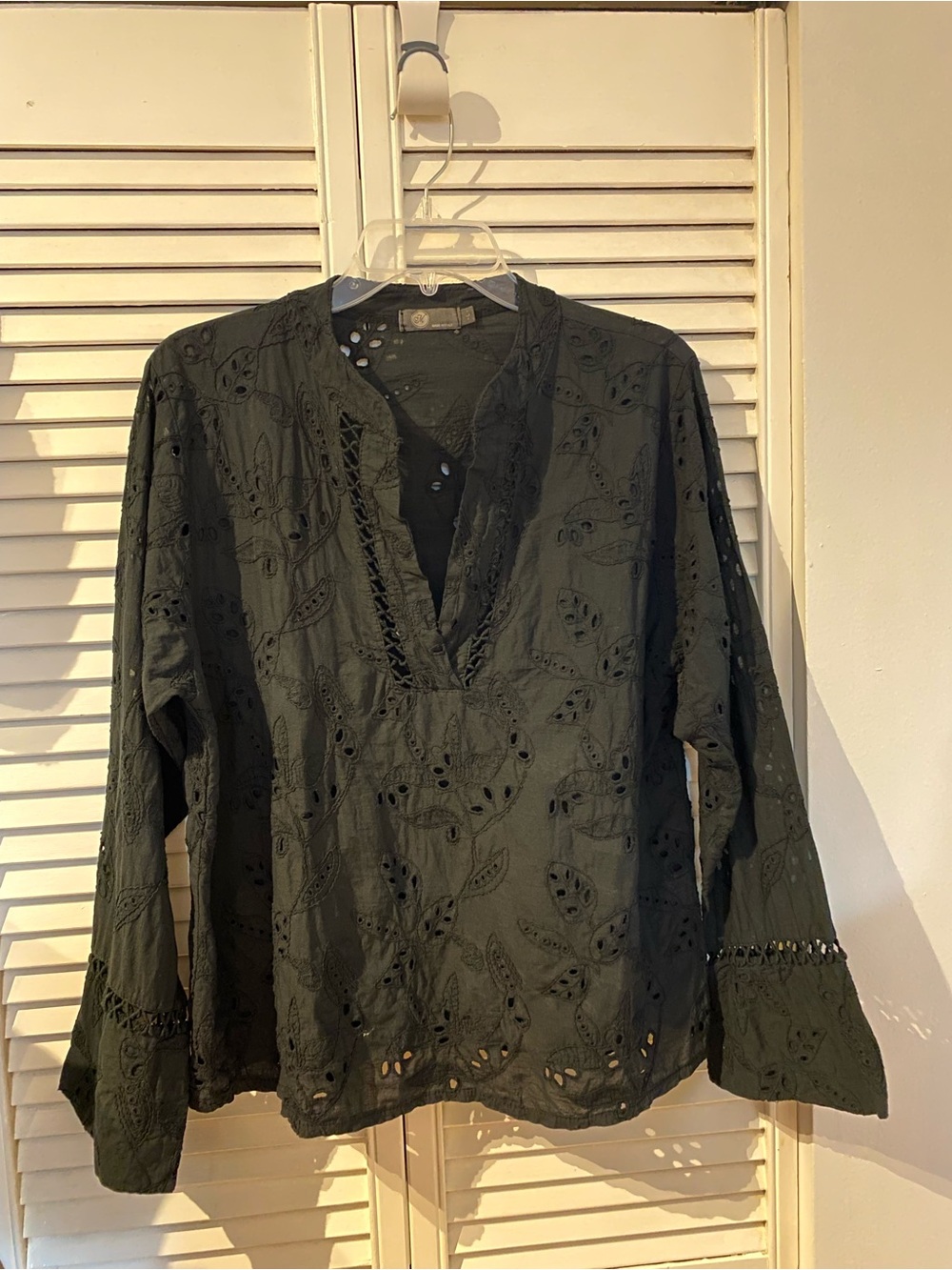 Black Eyelet V-Neck Long Sleeve Blouse